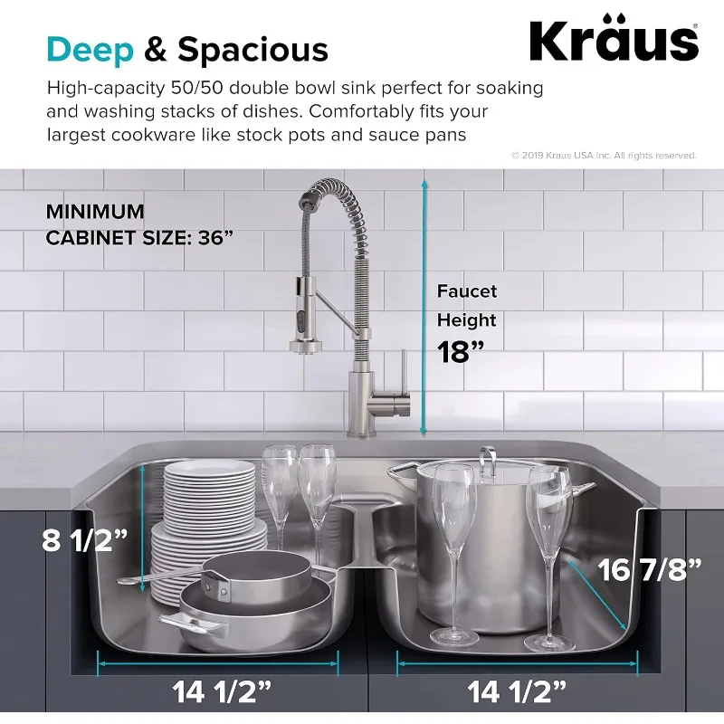 Conjunto combinado de cozinha KRAUS KCA-1200 Ellis com pia de cozinha sob montagem de calibre 16 de 33 polegadas e torneira de cozinha suspensa de 18 polegadas