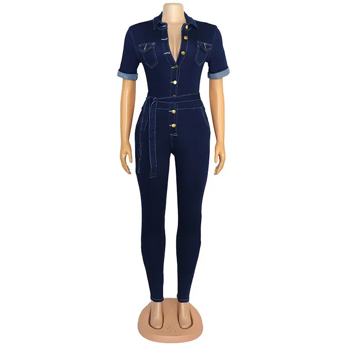 Elegante Jeans Overalls & Strampler für Frauen Drehen Unten Kragen Einreiher Hohe Qualität Afrikanische Mädchen Overalls Kleidung Outfits