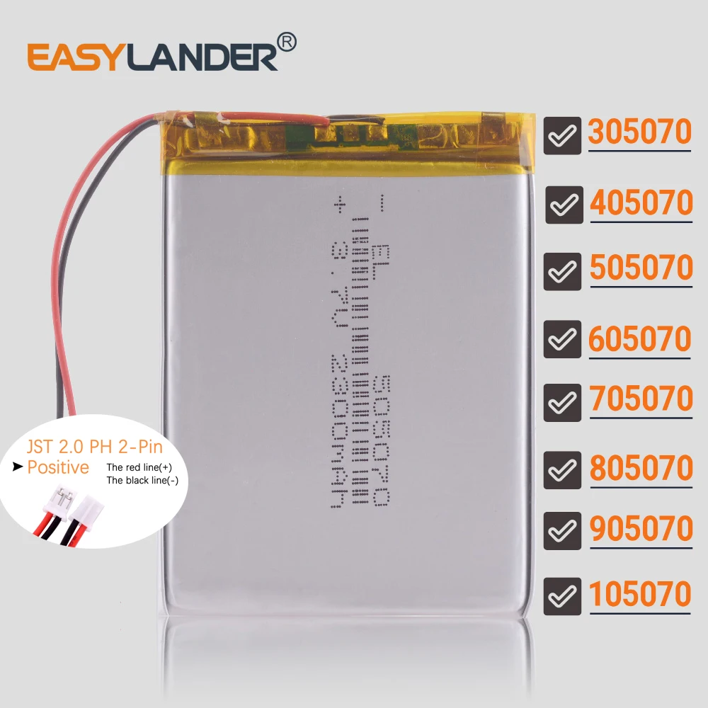 JST2.0mm 2Pin 3.7V 505070 2300mAh Lithium Li-ion Polymer Battery 505068 305070 405070 605070 705070 805070 905070 105070