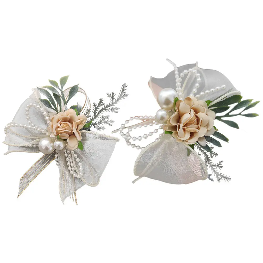 

Набор из 2 свадебных корсажей: цветок на запястье для невесты и подружек невесты, элегантный жемчужный браслет, тканевая бутоньерка, аксессуар для выпускного вечера и торжеств