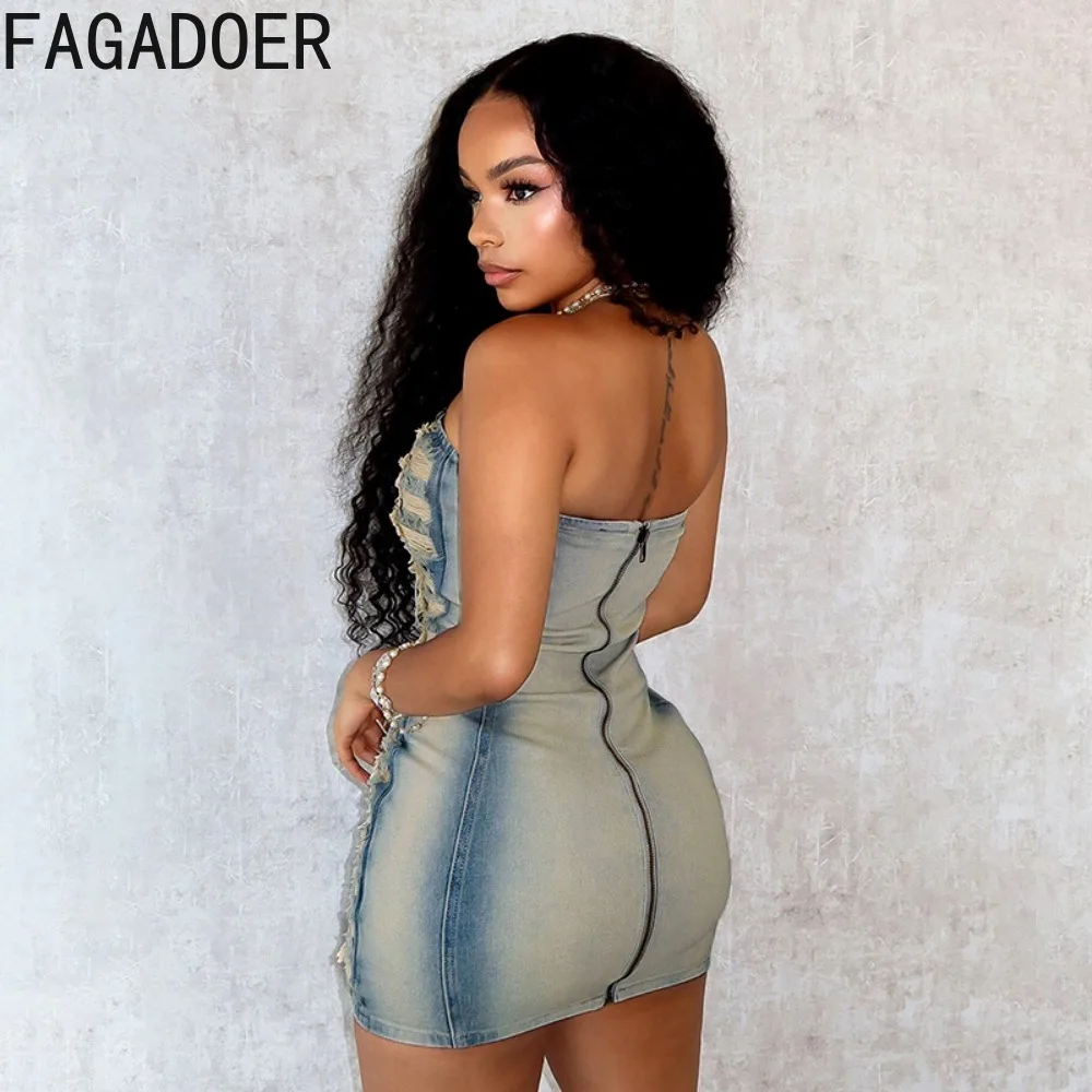 FAGADOER seksowna dżinsowa dziura Bodycon sukienka tuba kobiet bez rękawów bez rękawów bez pleców Slim Vestidos modna odzież dżinsowa gorąca