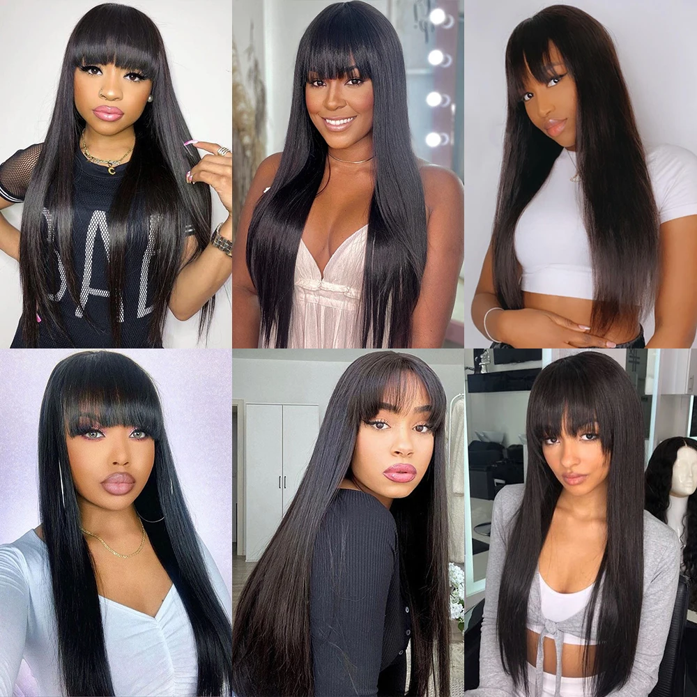 30 Inch Long Bone Straight Human Hair Wig With Bangs Short Bob Human Hair Wigs For Black Women Glueless Brazilian Fringe Wig