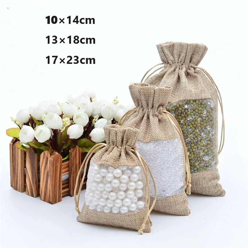 50pcs Drawstring Natural Linen Organza Curtain Bag Linen Patchwork Gift Bag Jewelry Packaging Department Christmas Wedding Party