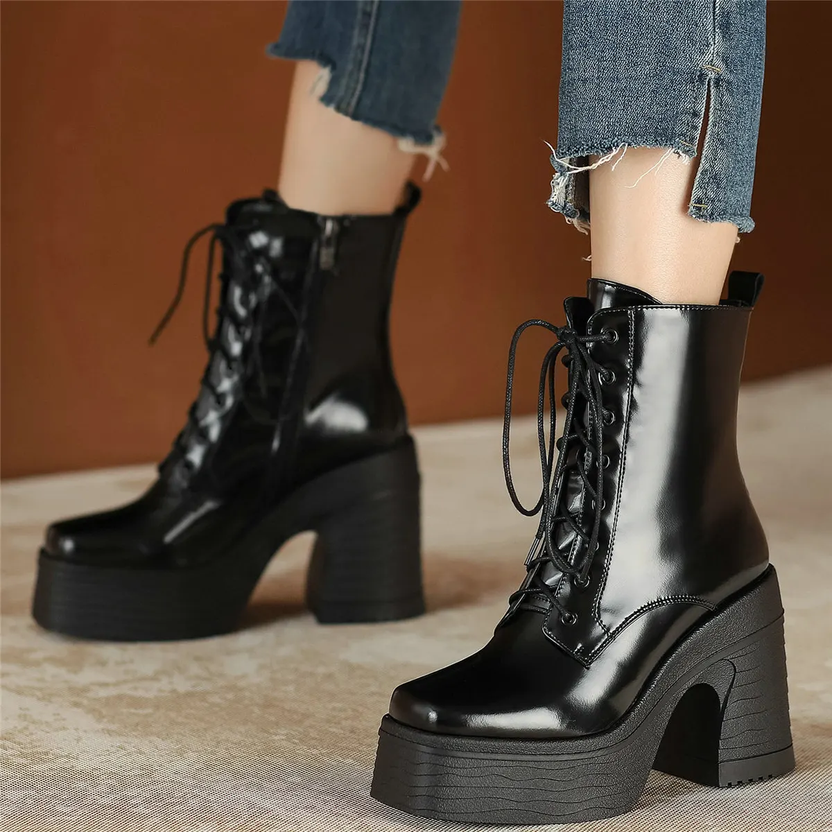 

Winter Warm Creepers Women Lace Up Genuine Leather High Heel Ankle Boots Female Square Toe Chunky Platform Pumps Casual Shoes