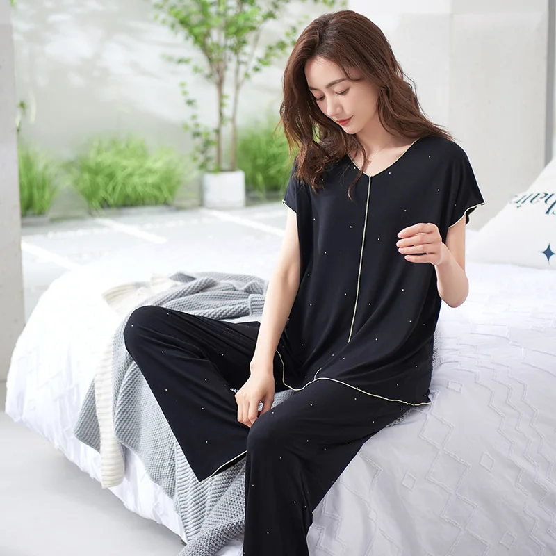 Summer Small Polka Dot Women Pajamas Short Sleeve Casual Tracksuit Female Modal Pajamas Set Women Sleepwear Suit V-Neck Homewear