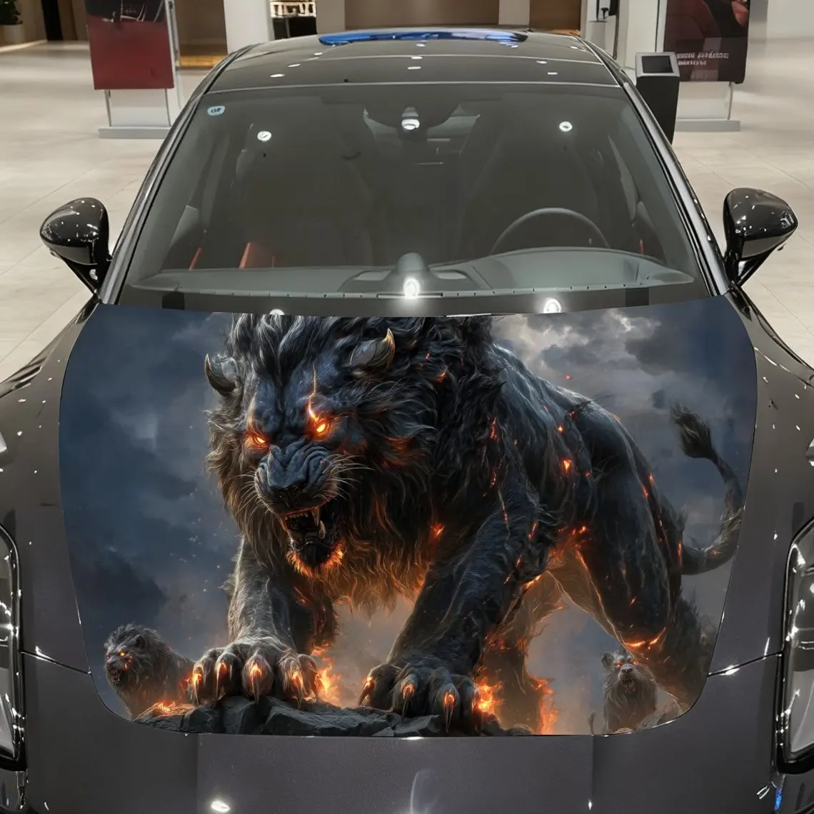 

Fiery Horned Fierce Lion Car Vinyl Wrap, PVC Material Waterproof Car Hood Sticker, Self-Adhesive Scratch-Resistant Stickers for
