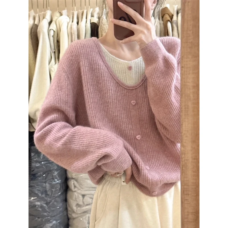 

Pink Knitted Sweater Women's Inner Wear Lazy Sle Top Design Sense Fake Two-Piece High End Feeling Autumn New Arrival