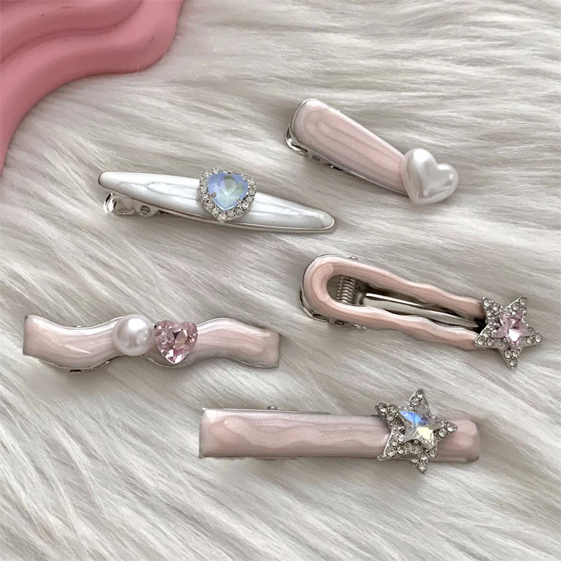 Girls Y2k Hairpins Sweet Rhinestone Pearl Love Side Bangs Hair Clip Female Ladies Barrettes Duckbill Clip Women Hair Accessories