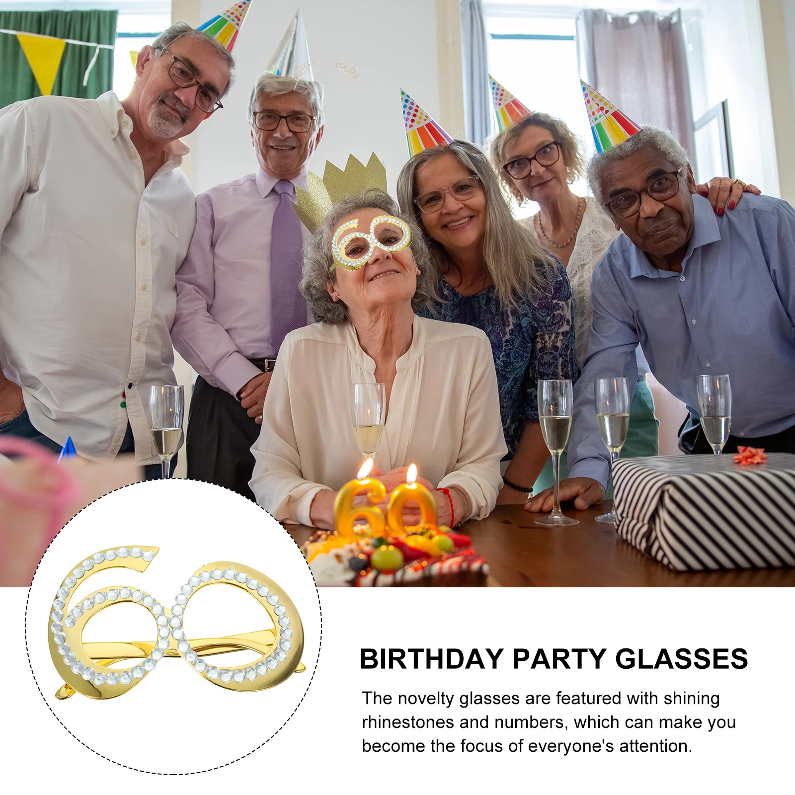 

60th Birthday Glasses Rhinestone Decor Plastic Lightweight Photo Prop Party Supplies Anniversary Celebrations Novelty Eyewear