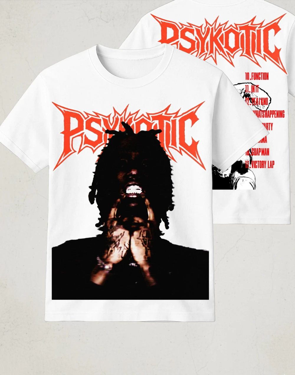 Osamasons Album-T-Shirt „Psykotic“. |   Streetstyle-T-Shirt mit Rapper-Tracklist aus Grafik-T-Shirts aus reiner Baumwolle