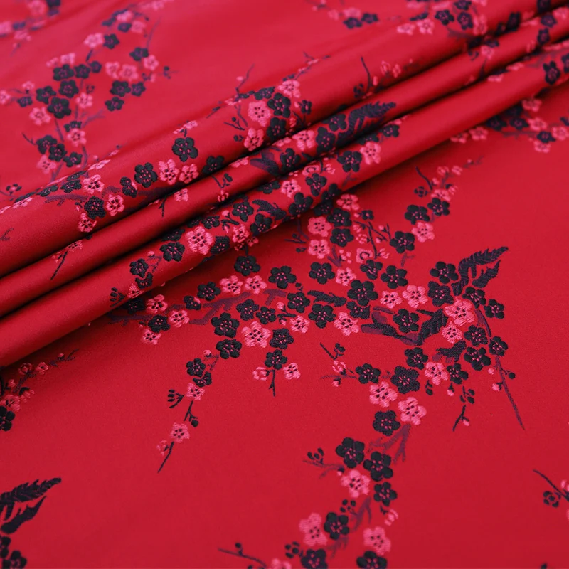 Imitation silk flower-pattern brocade jacquard fabrics red and black For sewing cheongsam bag DIY clothing material