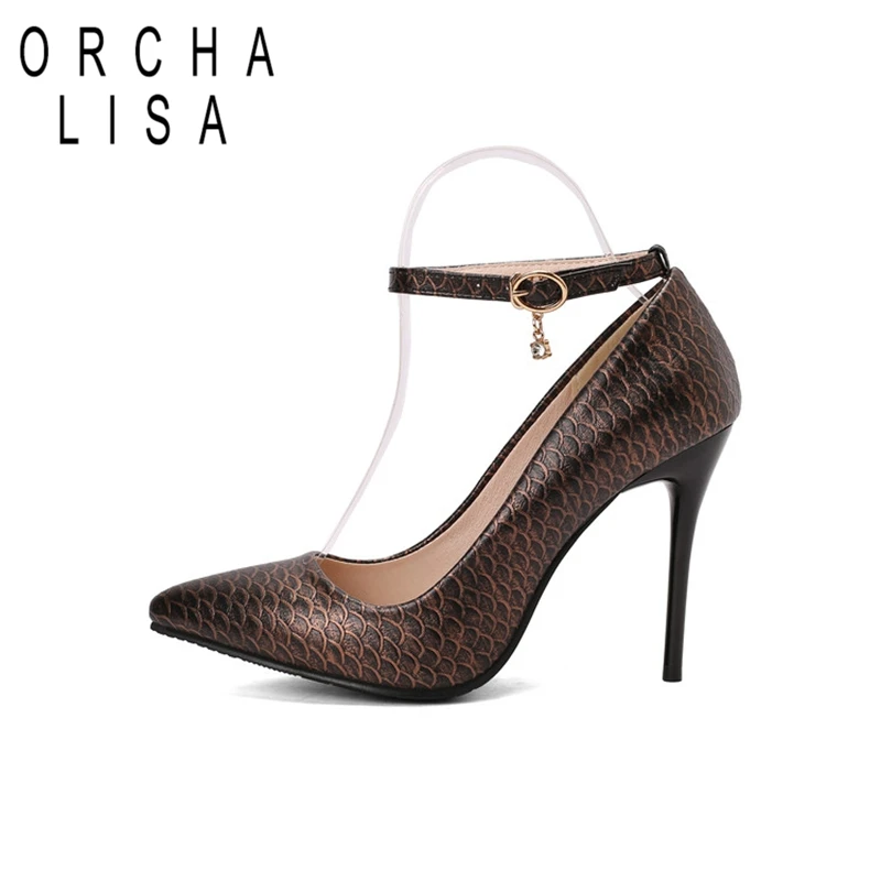 

ORCHA LISA Summer Punk Sexy Women Pumps Round Toe 10cm Stilleto Heels Ankle Strap Buckle Gold Silver Brown Big Size 46 48 49 50