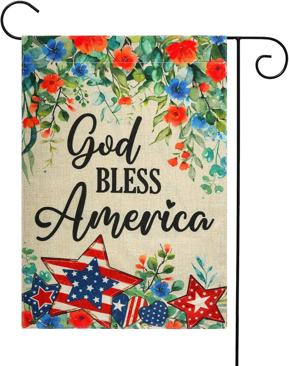 4th of July Patriotic Garden Flag Double-Sided 12x18 Inch Flowers God Bless America All-Weather Yard Decoration for Memorial SSL