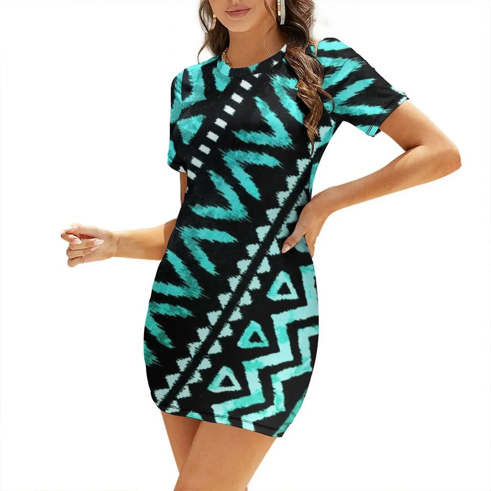 Vestido de manga corta estilo boho chic de los años 80 con estampado tribal tropical turquesa azul verdoso azteca para graduación