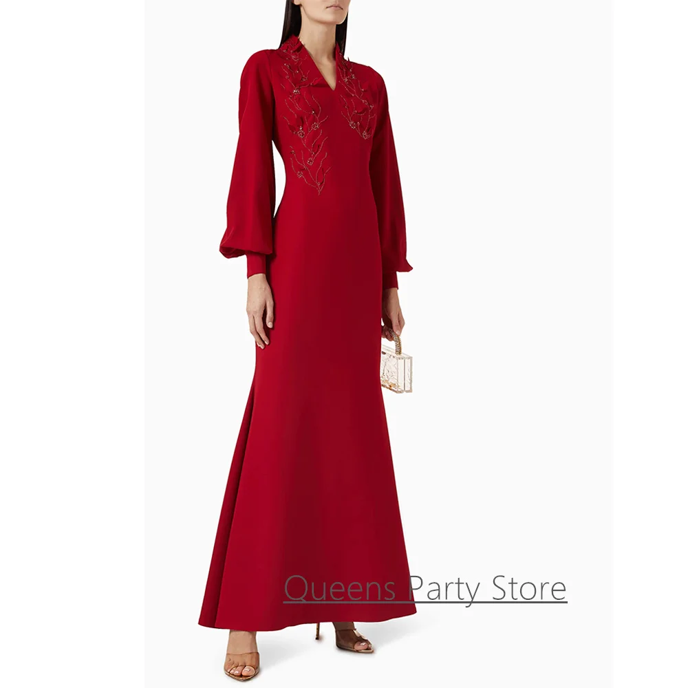 Abito da sera a sirena rossa con maniche a sbuffo Personalizzato piccolo scollo a V con perline Foglie Abiti da ballo formali arabi alla caviglia