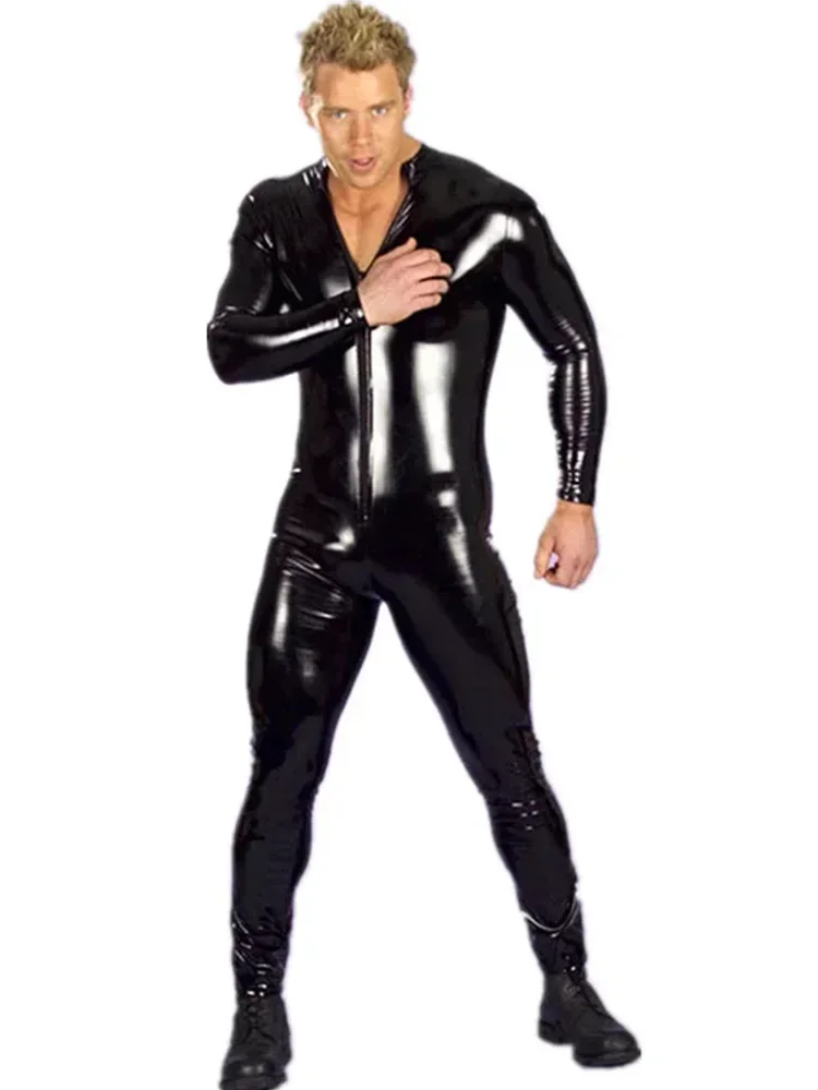 Faux Latex Men Jumpsuits Stretch Patent Leather Jumpsuits Man PVC Exotic Gay Fetish Wet Look Leather Bodysuit Metallic Gold Suit