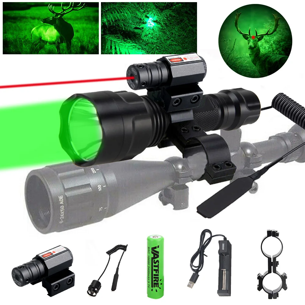 Professional C8 Green Red Hunting Flashlight Tactical Night Reconnaissance 1-Mode LED Lantern Rifle Scope Weapon Gun Light