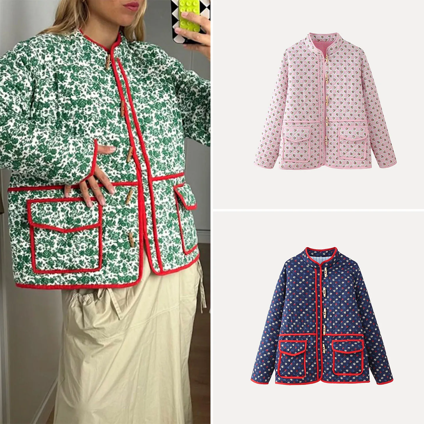 Women's Casual Style Long Sleeve Stand Collar Floral Print Patchwork Jacket Autumn Fashion Outerwear Multi-Color Pocket Decor