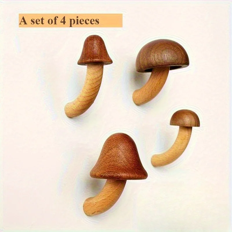 4Pcs Wooden Mushroom Refrigerator Magnet Home Kitchen Refrigerator Magnet 3D Solid Wood Magnet Crafts Ornament Wood Color