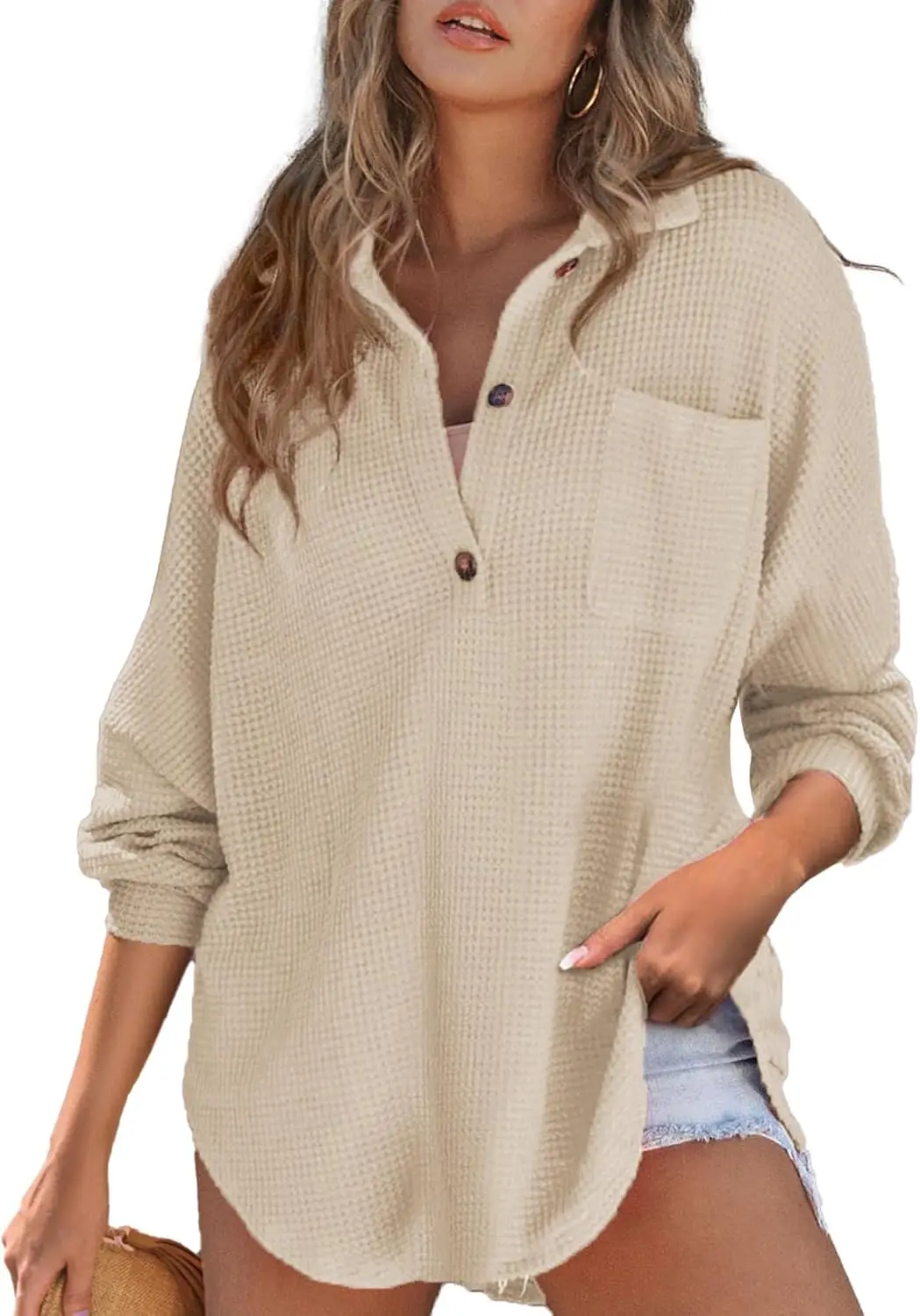 

ZENFLEX Women Waffle Knit Tops Henley Shirts Long Sleeve V Neck Solid Color Casual Tunic