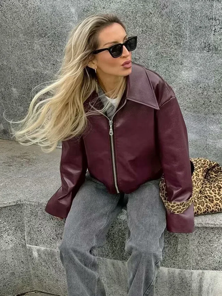 Women Autumn Fashion Faux Leather Burgundy Jackets Casual Lapel Long Sleeve Zipper Coats Female Chic Moto Biker Outerwear TRAF