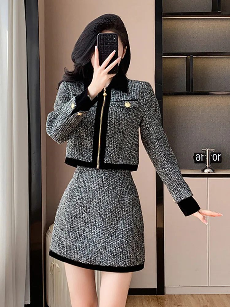 High Quality Fashion Casual Tweed 2 Piece Sets Women Outfit Thicker Jacket Coat + Skirt Suits Elegant Ladies Conjuntos Cortos