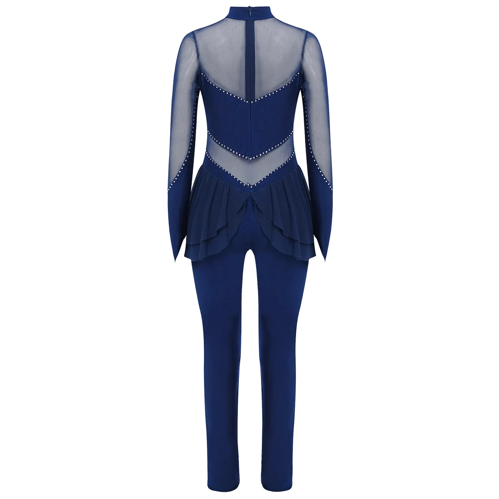 Kinder Mädchen Eiskunstlauf Performance Overall Mock Neck Langarm Sheer Mesh Patchwork Glänzende Strass Body Dancewear
