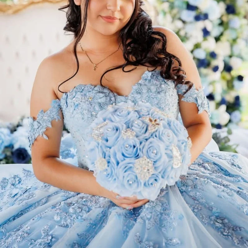 

Shiny light blue Quinceanera Dress Lace crystal glitter flower decal Long tail Bow layering vestidos de 15 Quinceanera ﻿Customi