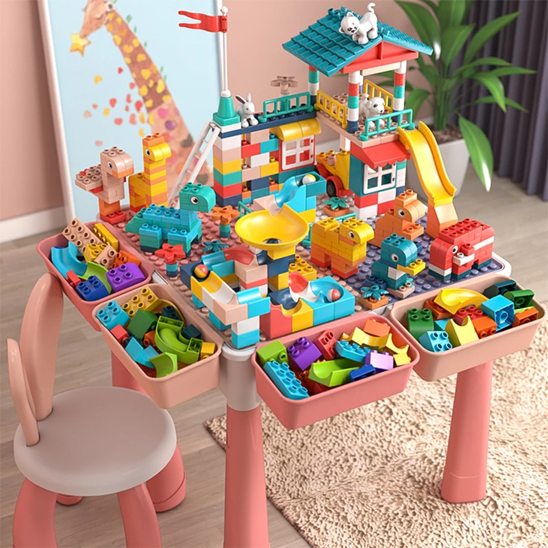 ToylinX Activity Table and Blocks Kids Activity Table Set with Chairs and Blocks Compatible with Large Classic Blocks For Kids