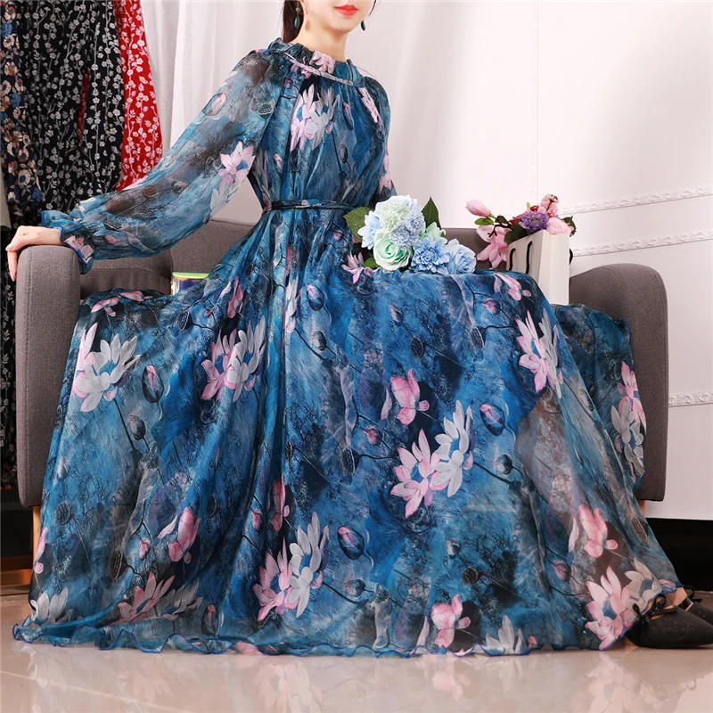 2023 Boho Floral Print Party Dress Women Vestidos Elegant Fashion Loose Chiffon Long Sleeve Muslim Abaya Islamic Clothing Robe