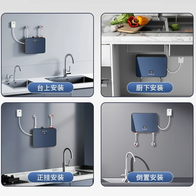 Kitchen Instant Water Heater 6000W Mini Tankless Electric Water Heater Wall-Mounted with LED Display Remote Control for Bathroom