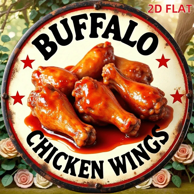Arte de pared metálico 2D plano con diseño de ala de pollo búfalo - Letrero redondo de aluminio de 20.32x20.32 cm con vibrante diseño de búfalo en rojo y negro