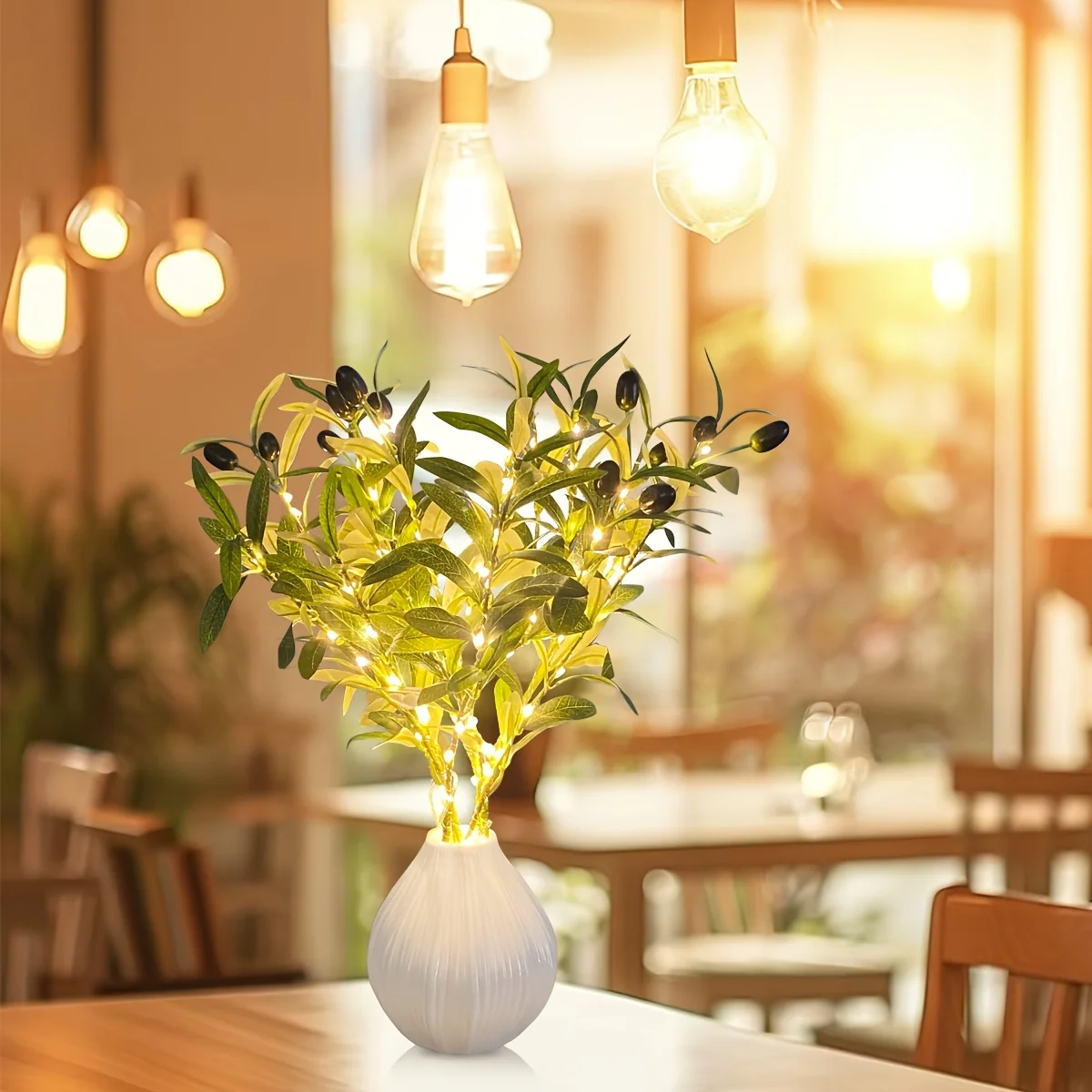LED Green Olive Tree Light - Battery Operated, Bedroom Desk Decor, Indoor Festive & Christmas Decorations (Vase Not Included)