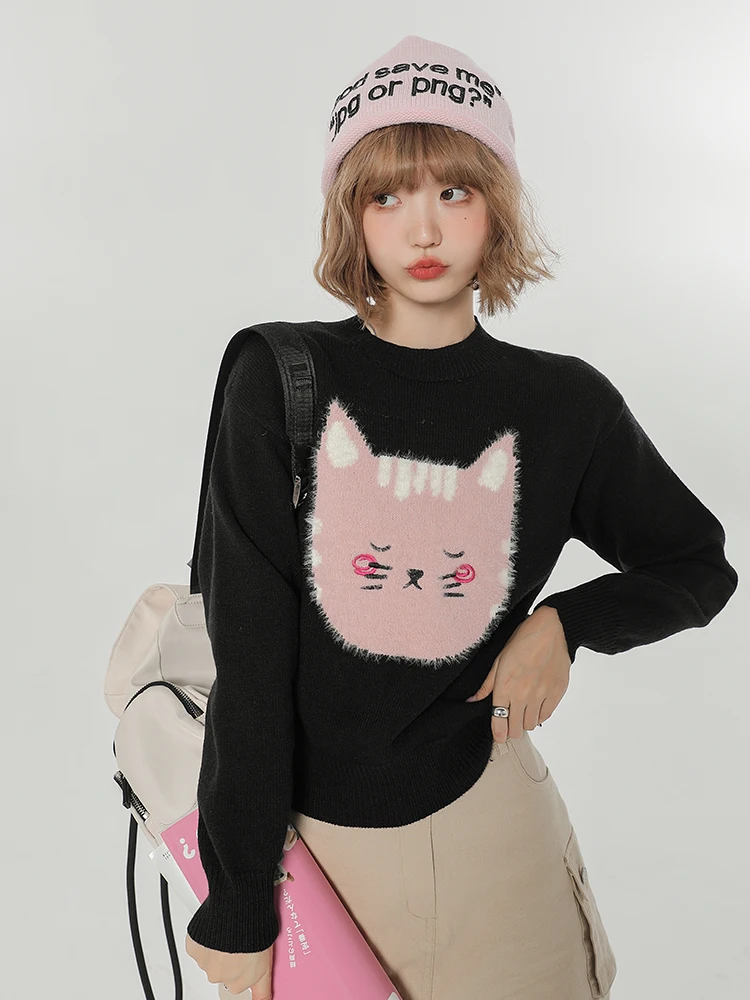 

Girly Lazy Japanese Sle Knitted Long Sve Sweater Women's Autumn Winter New Small Pattern Knitwear round Ne Top