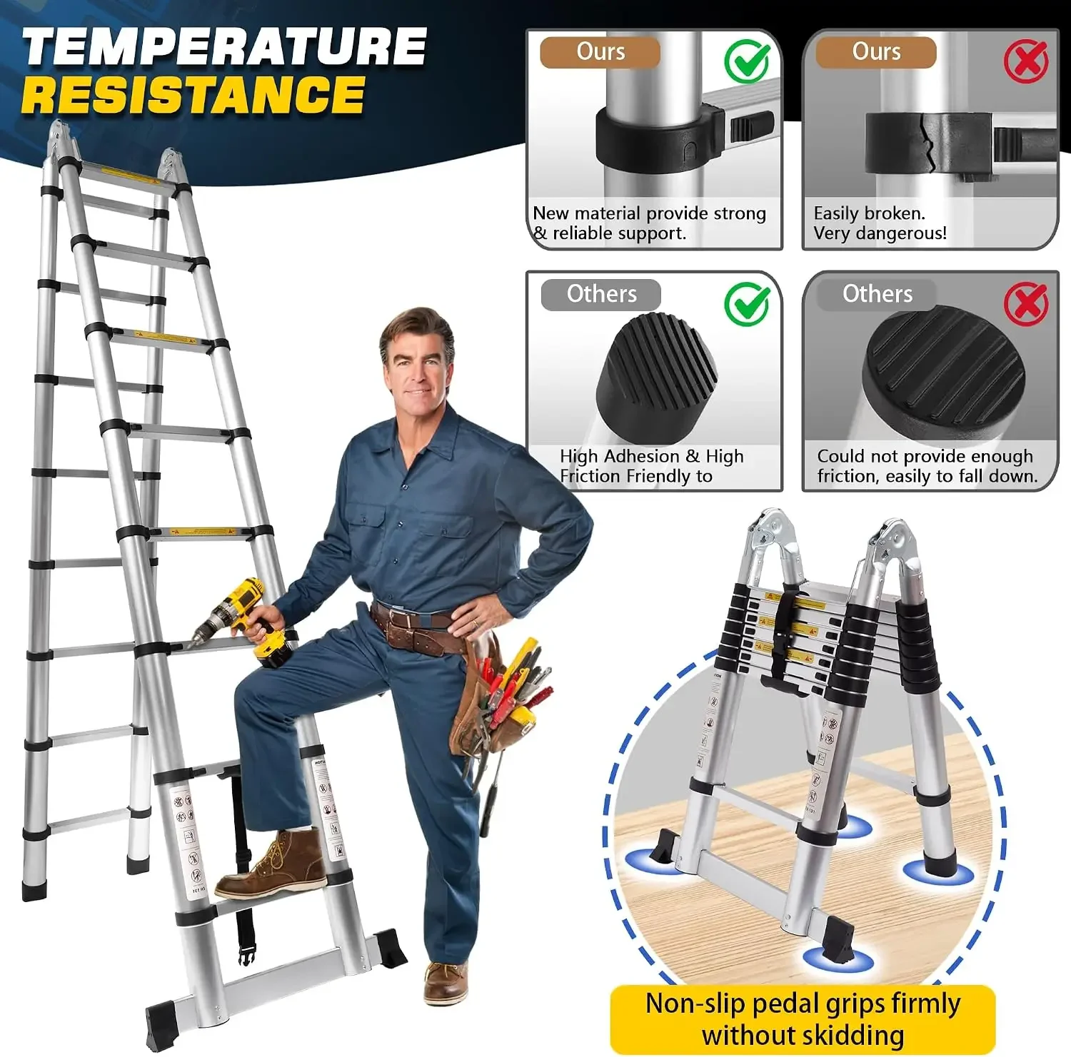 16.5 FT A-Frame Telescoping Ladder,Heavy Duty 8+8 Step Ladder Silver | 330LBs Load Capacity,Portable Extension Ladder Multi-Purp