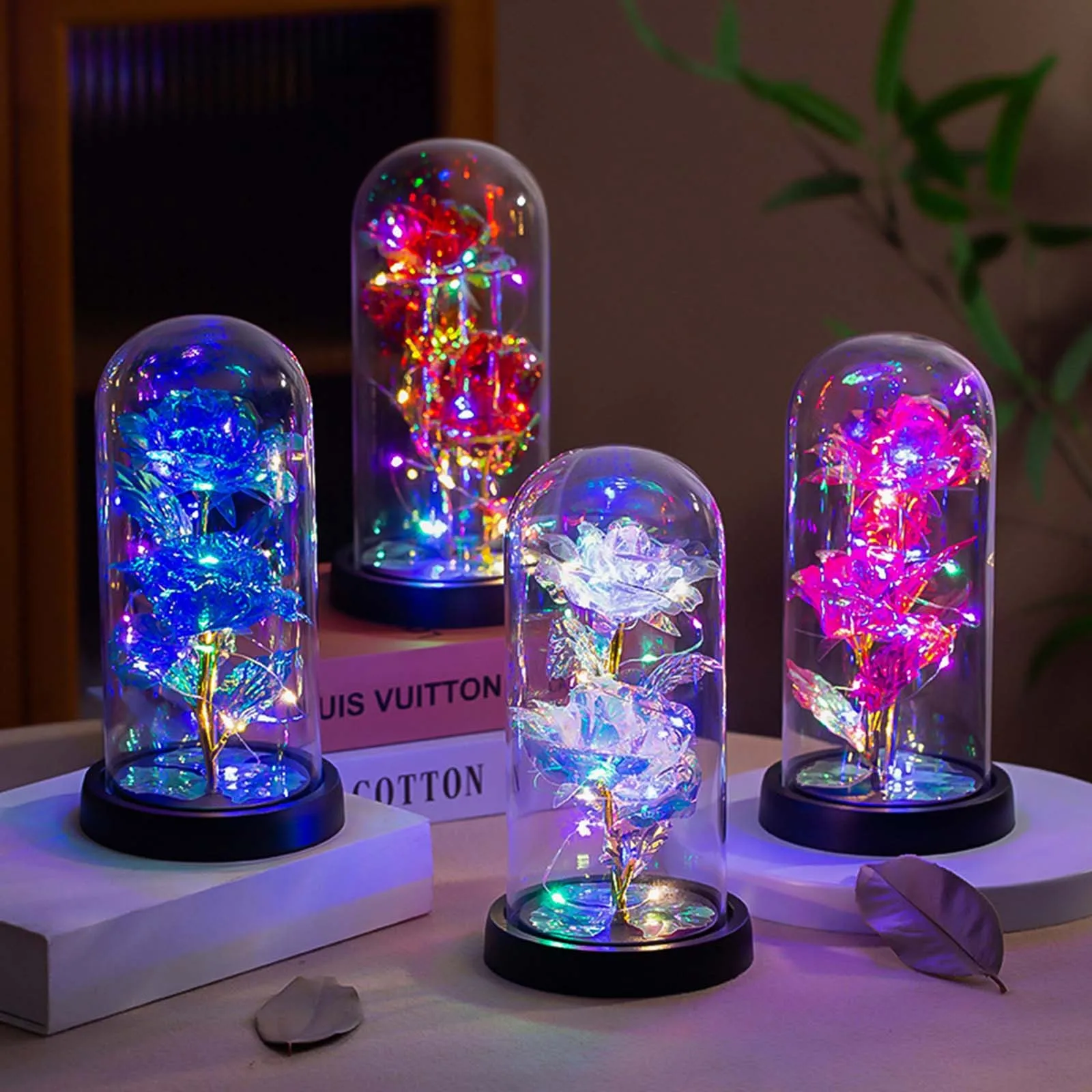 Rose Light Artificial Galaxy Rose Lamp with Butterfly and Colorful LED Rose Flowers In Glass Battery Powered Gifts for Women