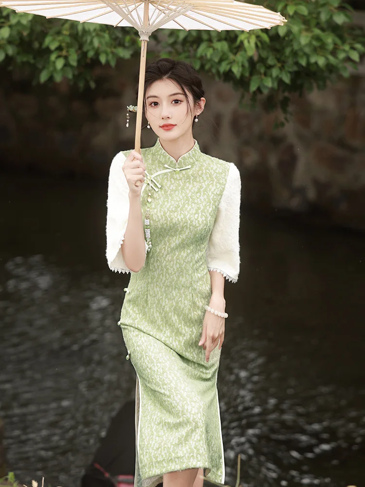 Elegant Women Seven Points Sleeve Chenille Cheongsam Mandarin Collar Qipao Chinese Bride Wedding Dresses