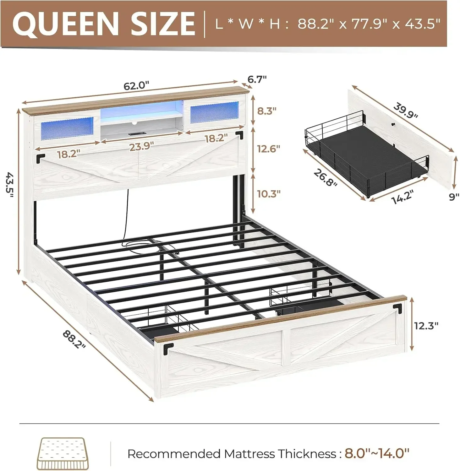 Hasuit Farmhouse Bed Frame Queen Size with Bookcase Headboard and 2 Drawers, Wooden Platform Queen Bed with LED Lights