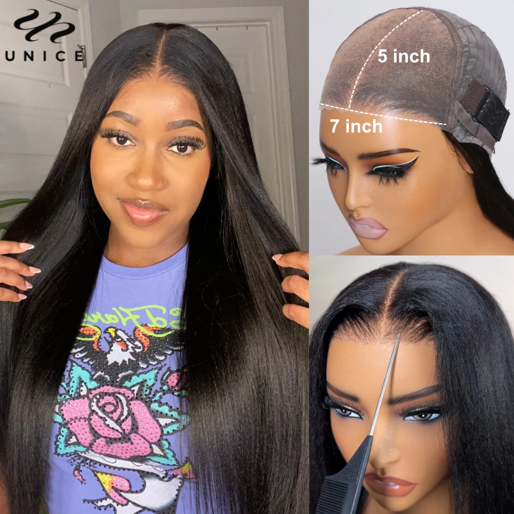 UNice Hair Yaki Straight Wig 7x5 Pre Cut Pre Bleached Glueless Wig Human Hair Ready To Wear 150% Density 10-26Inch