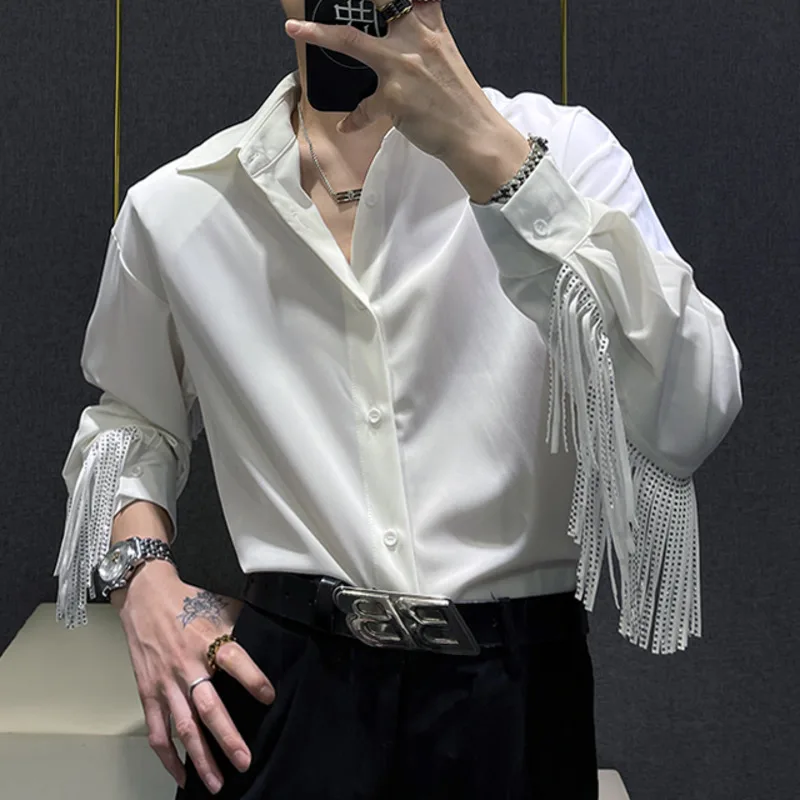 Black White Patchwork Tassels Shirts Men High Quality Punk Nightclub 2024 Trend Brand Fashion Shirt Men Camisa Social Masculina