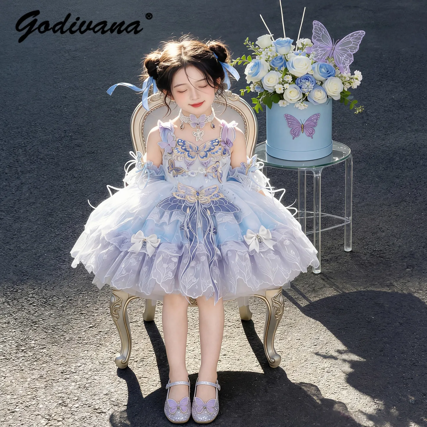 Sweet Baby Girls Spring and Summer 2026 New Lolita Princess Dress Kids Heavy Butterfly Cute Bow Ruffle Birthday Party Slip Dress