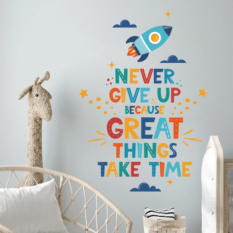 Creative rocket star never give up sticker for kids room kindergarten self adhesive wall art decal