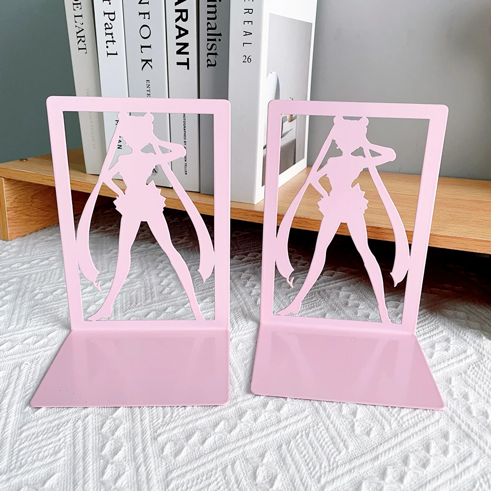 Pink Cartoon Girls Metal Bookends Romance Desktop Decoration Hollow Anime Peripheral Schoolroom Ornament for Girls Book Support