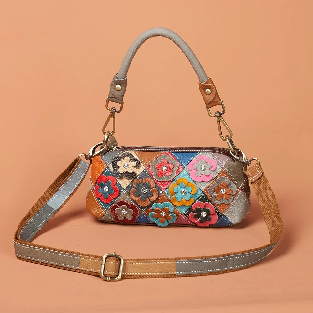 

Handmade Genuine Leather Women's Small Shoulder Bag: Ethnic Floral Patchwork, 2 Crossbody Straps