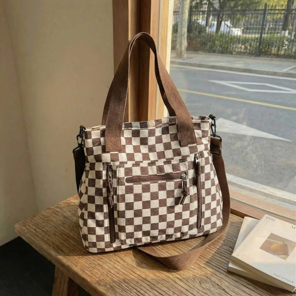 Polyester Checkerboard Pattern Crossbody Bag Large Capacity Multi-Pocket Handbag Zipper Closure Reusable Tote Bag Shopping