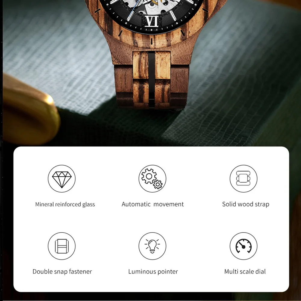 KUNHUANG-Reloj de madera para hombre, automático, mecánico, de lujo, con esfera de esqueleto Natural, caja de regalo