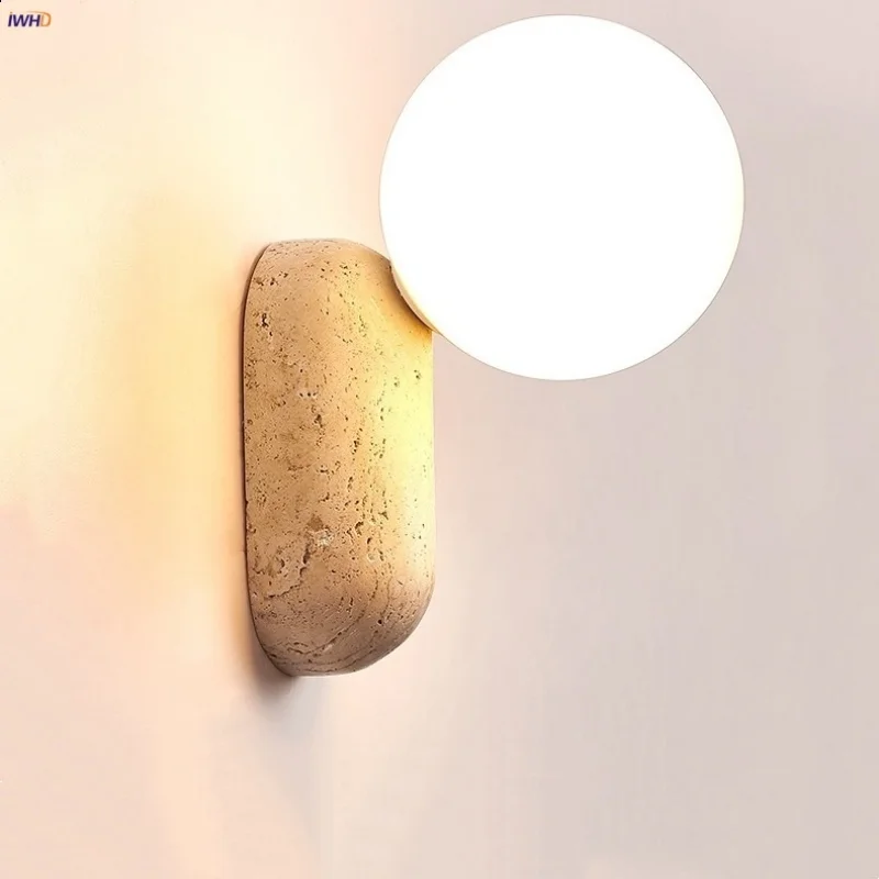 

IWHD Yellow Travertine LED Wall Lamp Dining Room Restaurant White Glass Interior Home Decor Nordic Modern Stair Light Luminaire