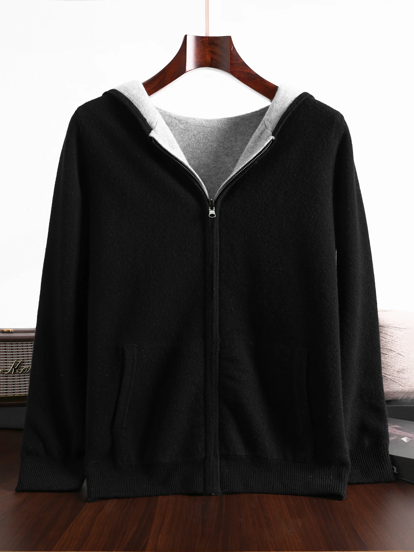 الذكية عادية 100% ميرينو الصوف الرجال سترة سميكة الخريف الشتاء الرجال محبوك مقنعين سترة الوجهين طويلة الأكمام الملابس القمم #5