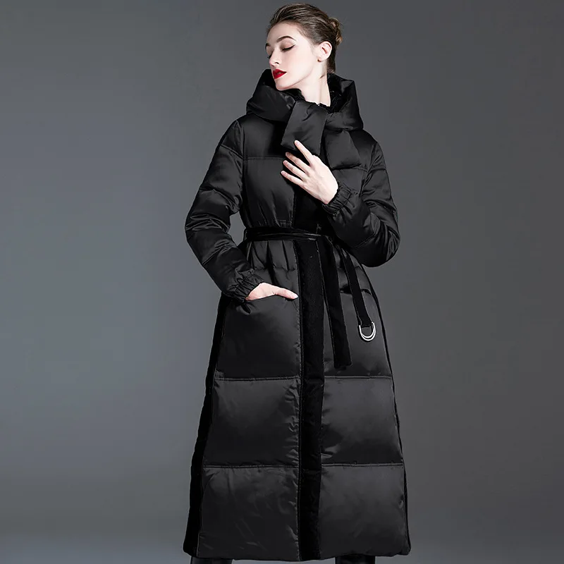 Luxury High-quality Slim Down Jacket Belt Patchwork White Duck Down Trench Coat Winter Warm Women's Clothing Windproof Outerwear