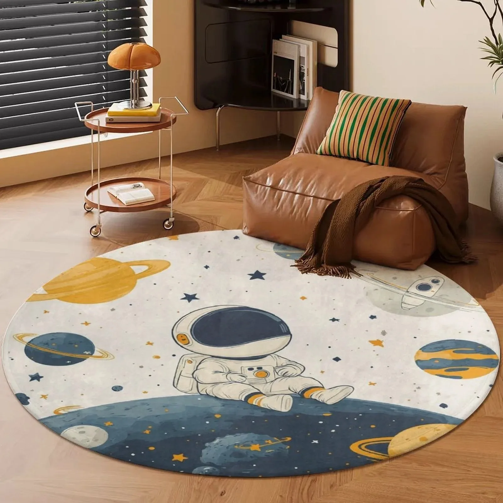 VIKAMA Cartoon Astronaut Planet Round Rug Soft Non Slip Living Room Bedroom Carpet Home Decor